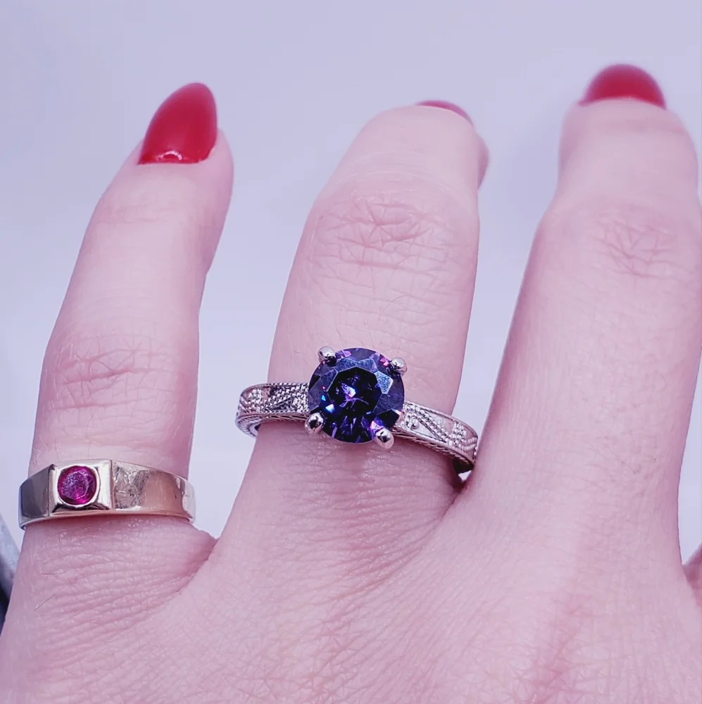 Round Amethyst Simulant Rhodium Plated Silver Tone Solitaire Ring